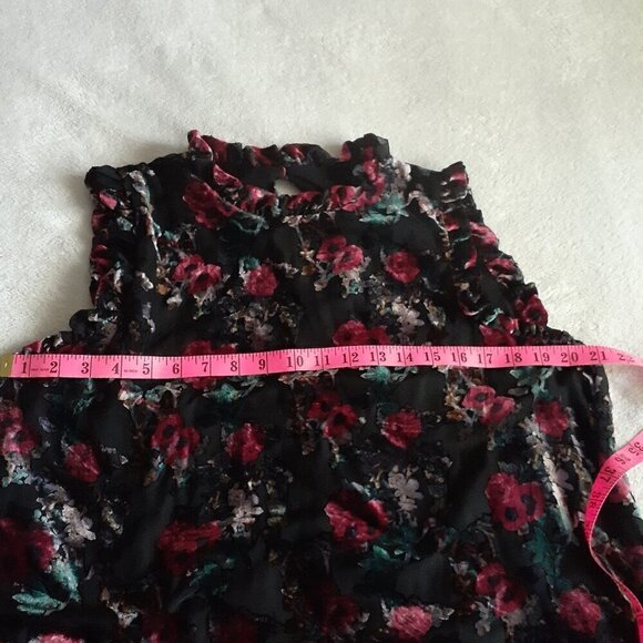 Dalia Women's Size L Black Burnt Velvet Floral Sheer Ruffle Sleeveless Blouse - Picture 10 of 12